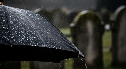Rainy Day Umbrella Close Up with Water Droplets in Dark Gloomy Weather