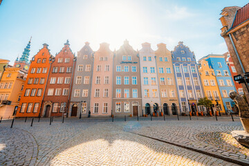 Gdansk with Motlawa river in Poland. Old town colourful house with saint Marys church i main square. © Zedspider