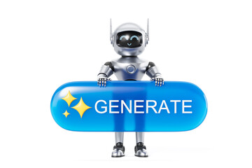 Futuristic cartoon robot holding shiny blue 