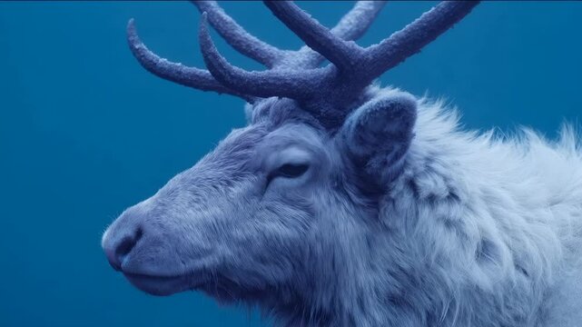 A majestic reindeer with impressive antlers stands against a serene blue background, evoking winter, wildlife, and serenity niche terms: ungulate, ruminant