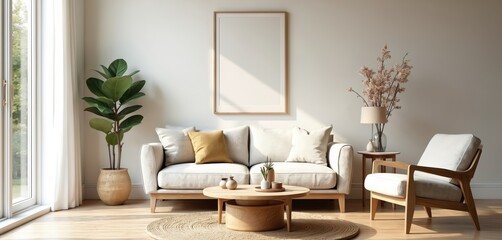 Modern living room with neutral tones. Features boucle sofa, white armchair, wooden coffee table, round rug. Includes large potted plant, framed artwork on wall, delicate floral arrangement with lamp.