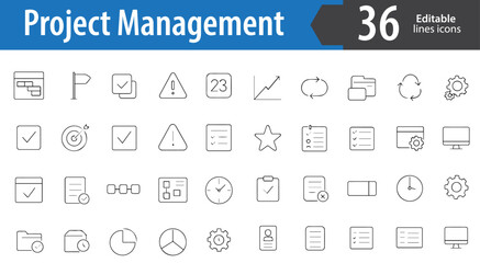 Project Management Line Icons, Task List, Timeline, Collaboration, Gantt Chart, Workflow, Editable Formats: AI, EPS, PNG, JPG, Ideal for Both Digital and Print Use
