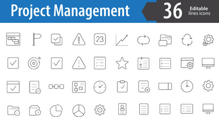 set of Project Management Line Icons, Task List, Timeline, Collaboration, Gantt Chart, Workflow, Editable Formats: AI, EPS, PNG, JPG, Ideal for Both Digital and Print Use
