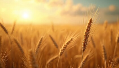Naklejka premium Golden wheat field under warm sunlight. Ripe ears of grain sway gently in summer breeze, creating beautiful rural landscape. Idyllic scene evokes feelings of abundance, harvest, nature bounty,