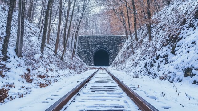 Snowy railway tracks leading through a tunnel in a wintry forest. - Powered by Adobe