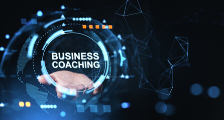 Business coaching concept with digital HUD interface, futuristic hand gesture and abstract technology network on dark background for consulting theme.