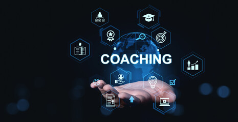 Digital coaching concept with icons representing training, mentorship, and development floating above a hand on a dark futuristic background.