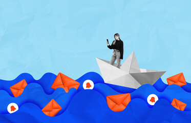 Woman on paper boat using smartphone surrounded by red envelopes