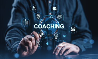 Coaching concept with digital icons representing training, development, education, and business growth on futuristic interface background..