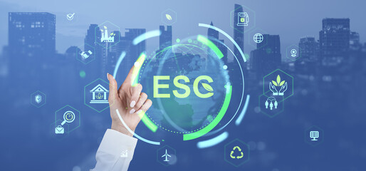 ESG environmental social governance concept with business icons and glowing interface over...
