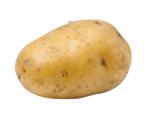 Close up shot of a single yukon gold potato with some dirt spots on a black isolated background view