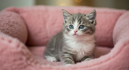 Cute kitten in pink bed