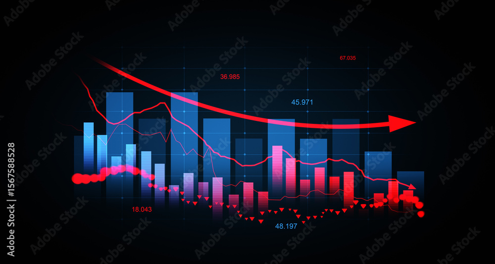 Poster 3d rendering of financial stock market crash with downward red arrow and data visualization on dark 