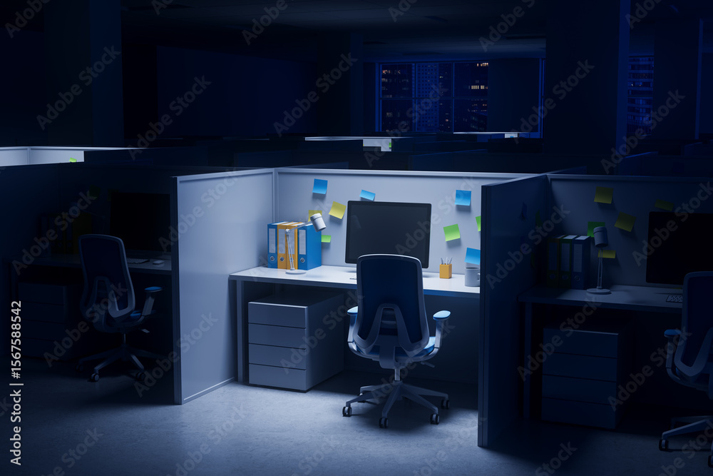 Poster office cubicle interior with computer and sticky notes illuminated at night in a dark workspace envi