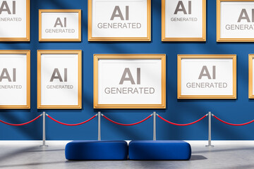 Gallery interior with AI-generated art concept displayed in golden frames on blue wall, red ropes...