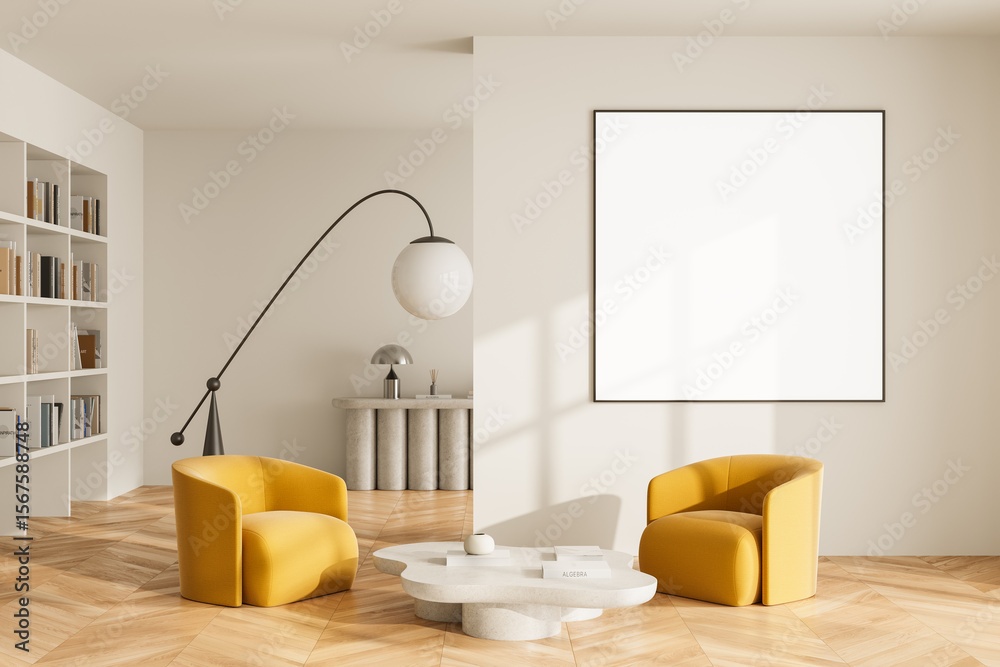 Fototapete minimalist interior with blank poster mockup, yellow chairs and creative layout for product display 