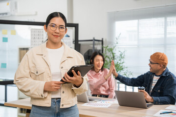 Asian business start up freelance people team analyzing statistics financial. Group Team of businesspeople man and woman Meeting Conference Discussion various topic Corporate Concept in office.