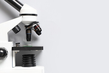 Closeup view of modern microscope on white background