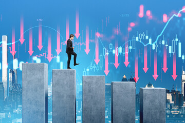 Businessman stepping up on concrete columns with falling stock m