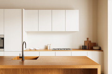 Minimalist kitchen interior design with white cabinets and wooden countertops in neutral tones, modern furnishing concept with natural lighting and details. 3D Rendering