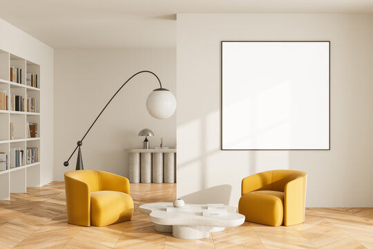 Minimalist interior with blank poster mockup, yellow chairs and creative layout for product display on wooden floor backdrop in clean modern space. 3D Rendering