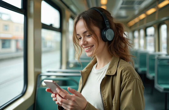 Young woman wearing headphones enjoys music on smartphone traveling on tram. Smiles, engrossed in mobile device during urban commute. Scene captures modern technology use for entertainment,