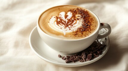 Coffee cup with latte art and chocolate shavings on a saucer served indoors during a cozy morning