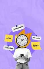 Conceptual collage of procrastination featuring a head replaced