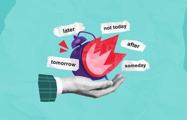 Surreal procrastination concept with alarm clock, fire symbol, and delay words on floating paper...