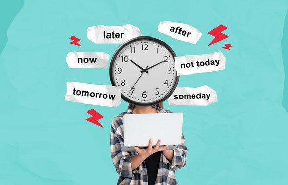 Surreal procrastination concept with person holding laptop and c