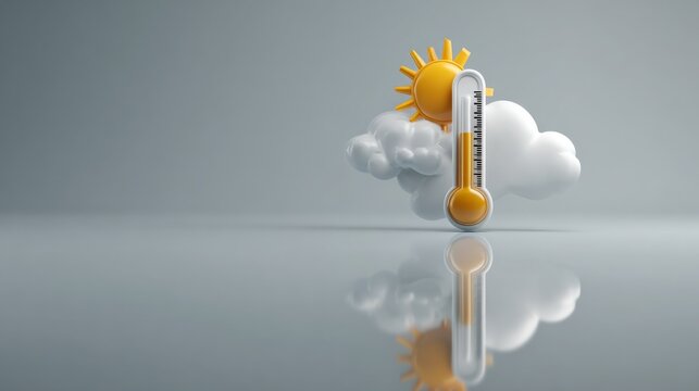 Weather thermometer indicates sunny temperature with clouds in a minimalist setting for a climate-related concept