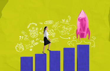 Businesswoman climbing blue bar chart steps toward pink rocket w