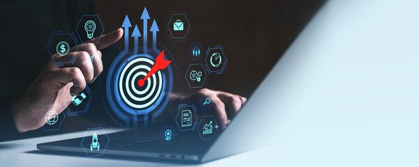 Business strategy concept with digital target and icons representing growth, innovation, and...