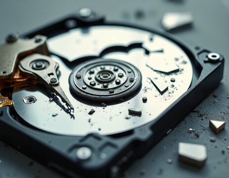 Close-up macro shot of shattered computer hard disk drive. Platter, read write head, internal components visible, indicating complete data destruction. Retro filter effect emphasizes vintage