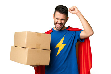 Super Hero delivery caucasian man over isolated chroma key background celebrating a victory