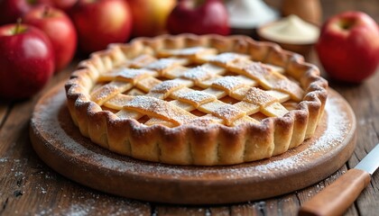 Golden brown apple pie with lattice crust dusted with powdered sugar, surrounded by fresh red apples, baking ingredients. Homemade pastry delicious traditional dessert, perfect for autumn fall