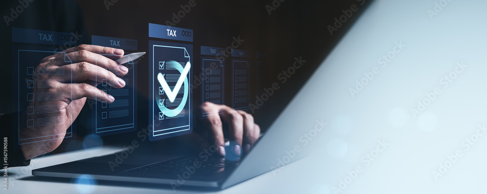 Poster digital tax form submission concept with holographic checklist and hands using stylus and laptop on 