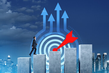 Businessman climbing graph bars toward target with arrows symbol