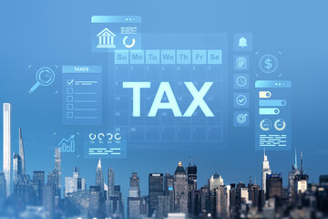 Tax payment concept with digital finance icons over New York City skyline on blue background, representing American fiscal planning and deadlines.
