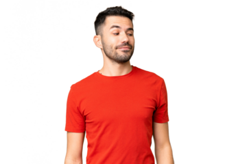Young handsome caucasian man over isolated chroma key background having doubts while looking side