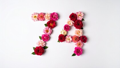 Number 74 made out of flowers with solid white background. Photo for 74th birthday or anniversary party