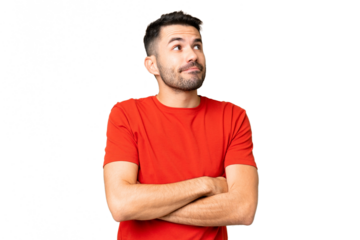 Young handsome caucasian man over isolated chroma key background making doubts gesture while lifting the shoulders