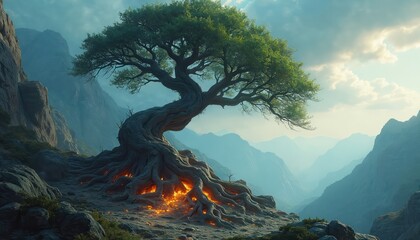 Majestic twisted tree with glowing roots in rocky mountain landscape. Fantasy nature scene with surreal light, dramatic sky. Ancient tree trunk, vibrant energy emanating from exposed roots in