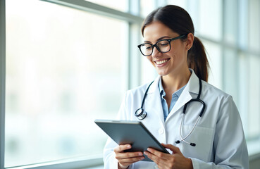 Smiling doctor in white coat with stethoscope wears glasses, uses tablet in modern hospital. Happy woman reviews medical data, checks patient schedule or health report online via app.