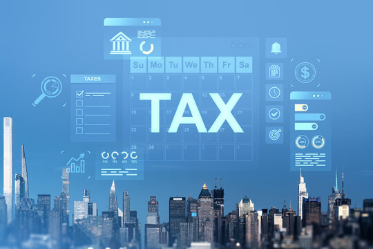 Tax payment concept with digital finance icons over New York City skyline on blue background, representing American fiscal planning and deadlines.