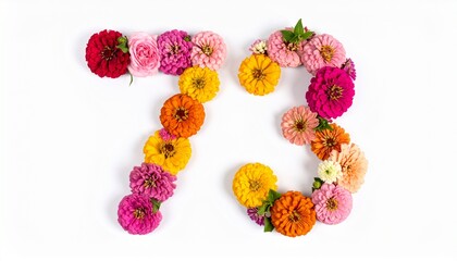 Number 73 made out of flowers with solid white background. Photo for 73rd birthday or anniversary party