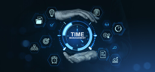 Time management concept with futuristic digital interface, icons and human hands holding virtual...