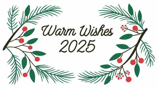 Warm wishes 2025 handwritten text with festive pine branches and red berries on a white background - Powered by Adobe