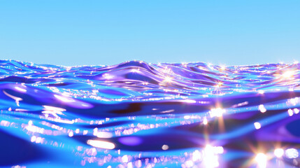 Futuristic Shimmering Ocean Waves with Neon Glow, Reflective Water Surface Under Clear Blue Sky, Tranquil and Serene Seascape
