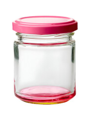An empty glass jar with a pink lid sits against a black background, ideal for showcasing product...
